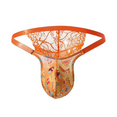男士内裤男低腰蕾丝丁字裤性感蕾丝橙色龙纹系列内裤精美时尚内裤