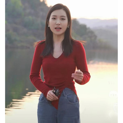 不规则下摆打底衫V领长袖t恤女