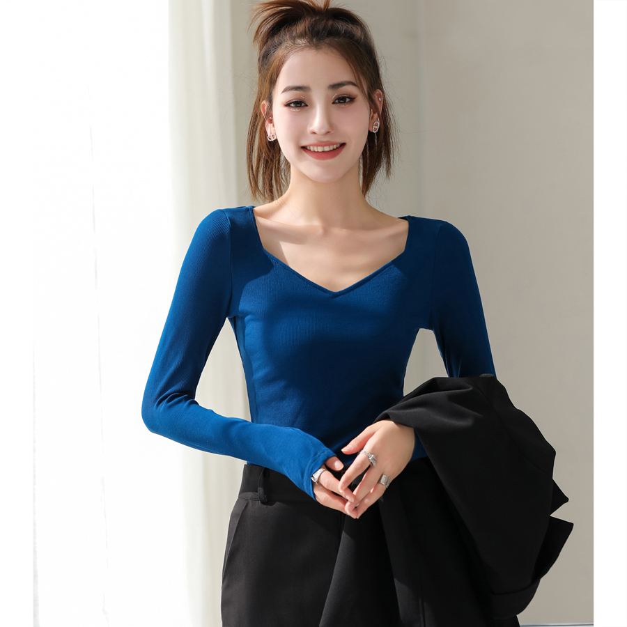 v领长袖罗纹针织t恤女