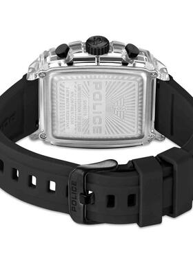 代购POLICE男士腕表防水石英机芯计时夜光黑色橡胶带透明壳方形
