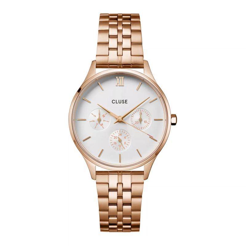 代购CLUSE女士腕表计时日期夜光多针玫瑰金钢带白色防水商务日常