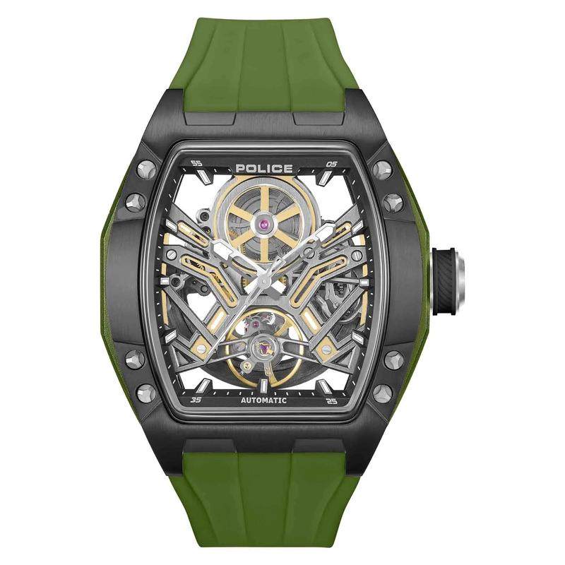 代购POLICE男士腕表自动上链夜光指针日期显示防水绿色橡胶带