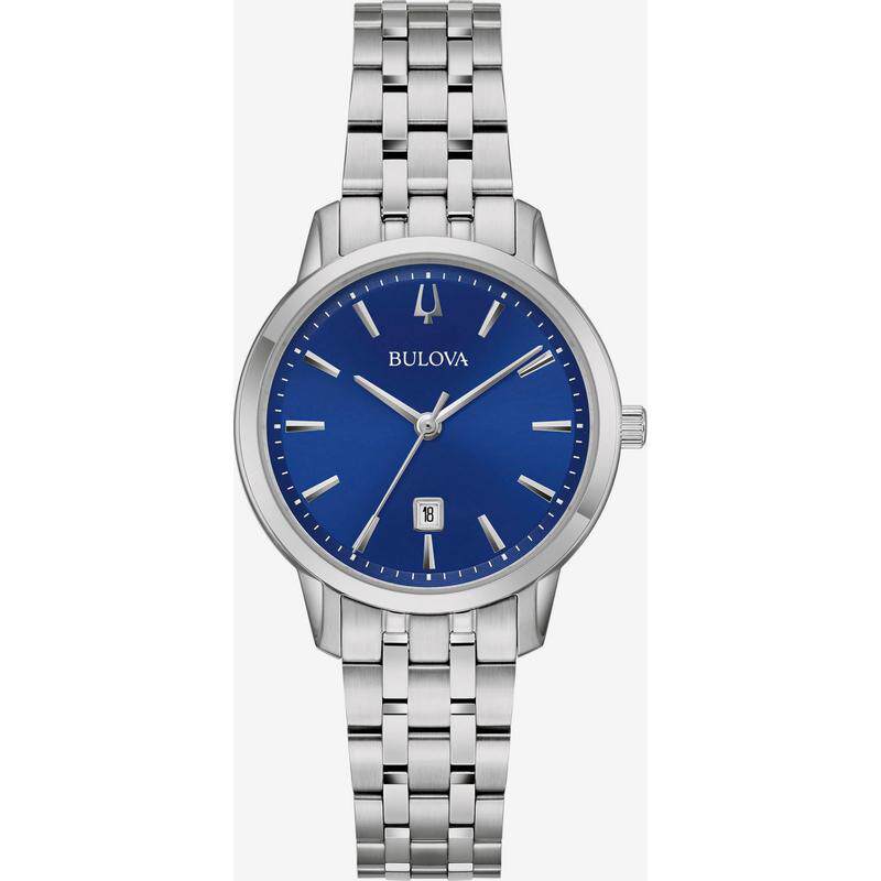 海外代购BULOVA/宝路华女士石英表日历显示指针式钢带蓝色表盘
