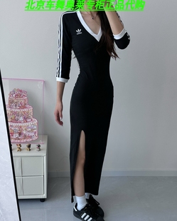 Adidas阿迪达斯三叶草女子V领时尚侧开叉运动连衣裙 IK0439