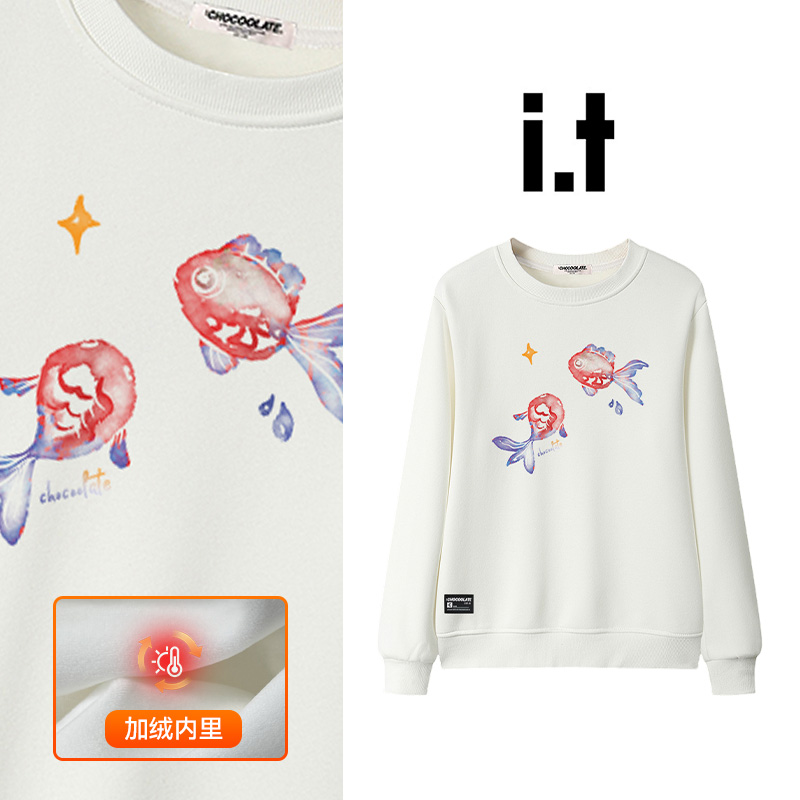 it:CHOCOOLATE美式潮牌小金鱼印花卫衣秋冬加绒加厚宽松百搭上衣