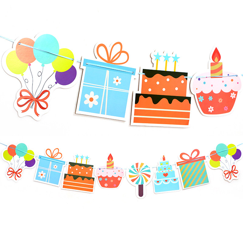 幼儿园派对装饰布置道具挂旗 生日派对装饰拉旗 蛋糕图案生日旗子