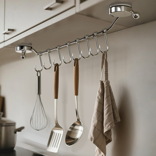 厨房不锈钢挂钩一排吸盘式免打孔置物架勺子铲子挂杆墙上收纳挂架
