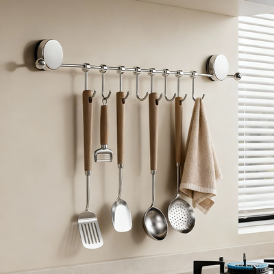 不锈钢吸盘厨房挂钩2025新款勺子锅铲子置物可移动一排收纳挂杆子