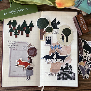 饰 古堡风有趣插画装 奇异森林手帐本贴纸素材包 人物植物动物英式