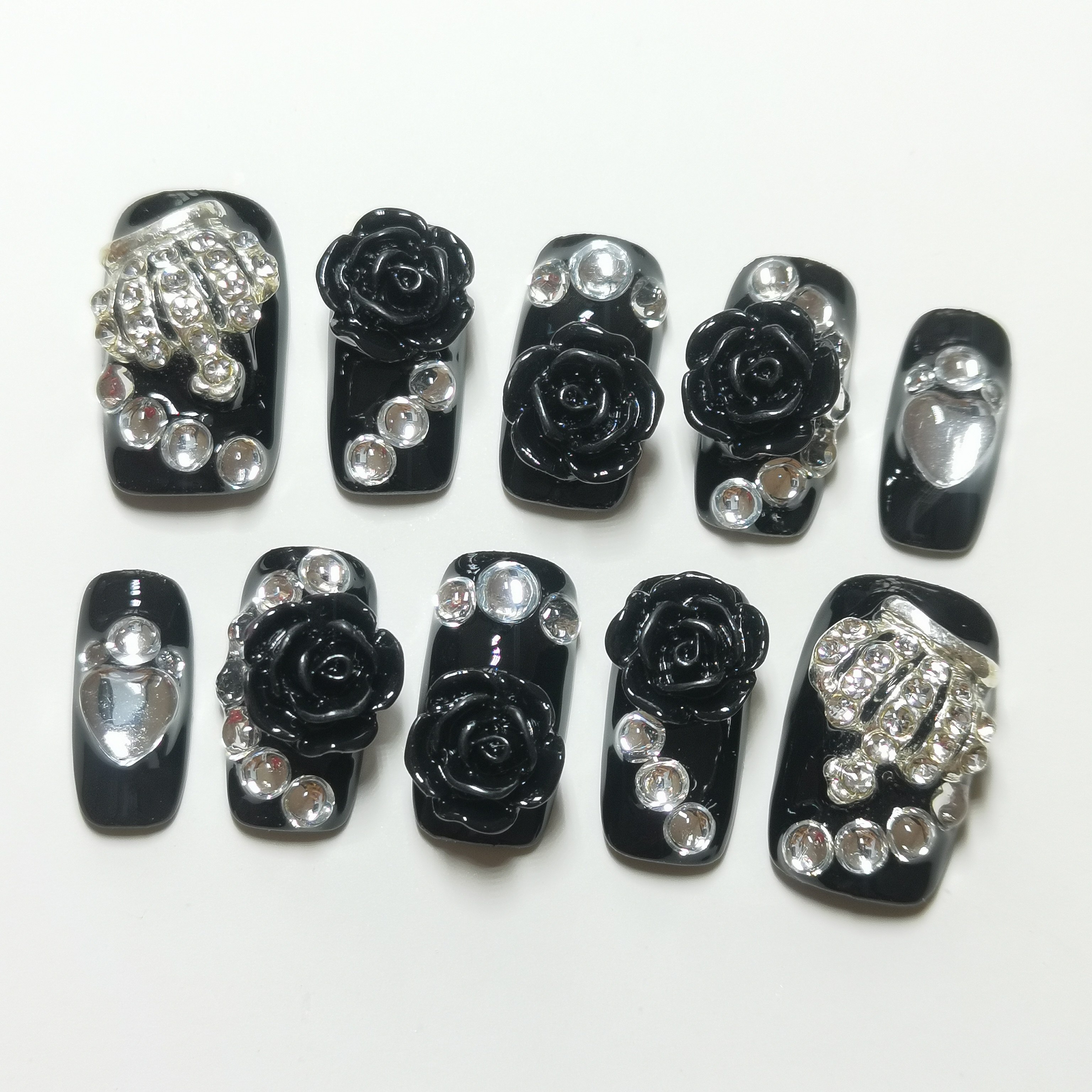 黑色纯手工美甲成品甲片新娘假指甲贴片贴钻贴皇冠包邮手工定制甲