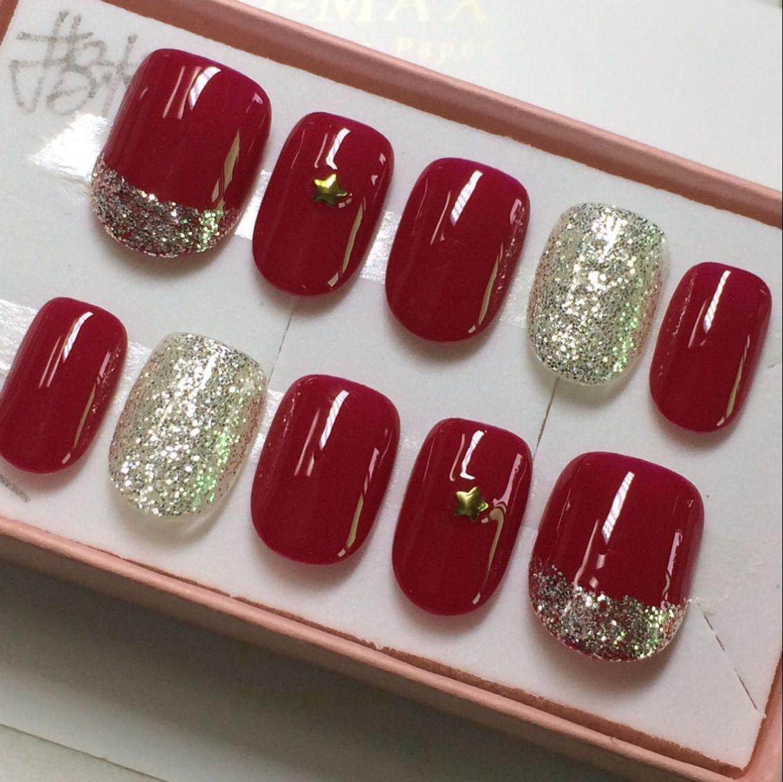 星星柳丁美甲成品贴片酒红色手工定做假指甲银色法式淡雅手指甲片