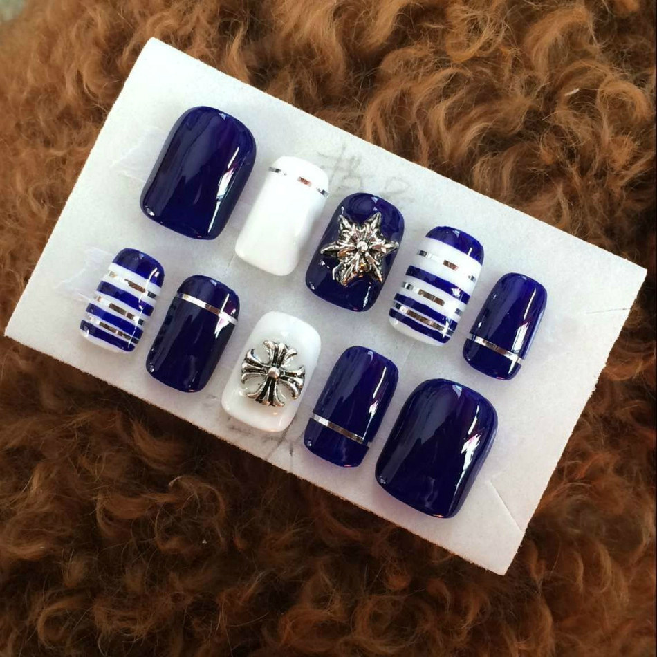 新款包邮朋克光疗甲宝蓝色美甲成品白色手指甲贴片银线假指甲短款