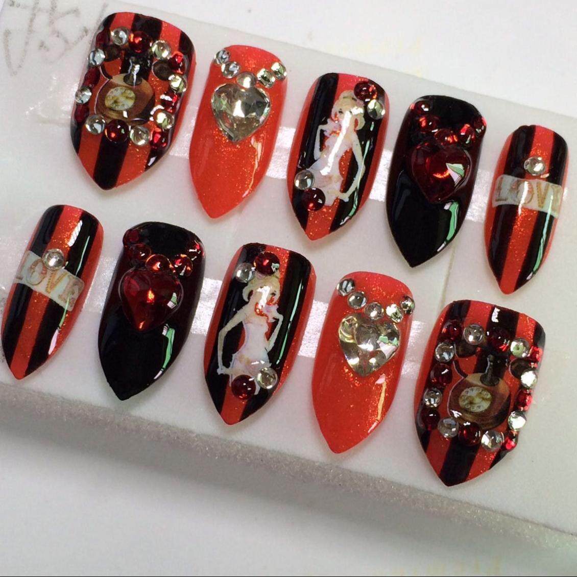 包邮手工定做成品光疗甲片美女黑白色假指甲贴片美甲成品贴钻