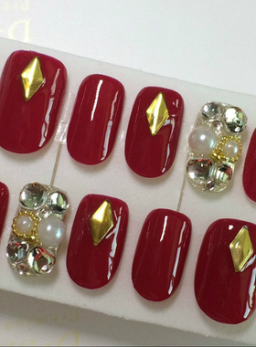 包邮奢华手工定制光疗甲片酒红色新款柳丁新娘成品美甲假指甲贴钻