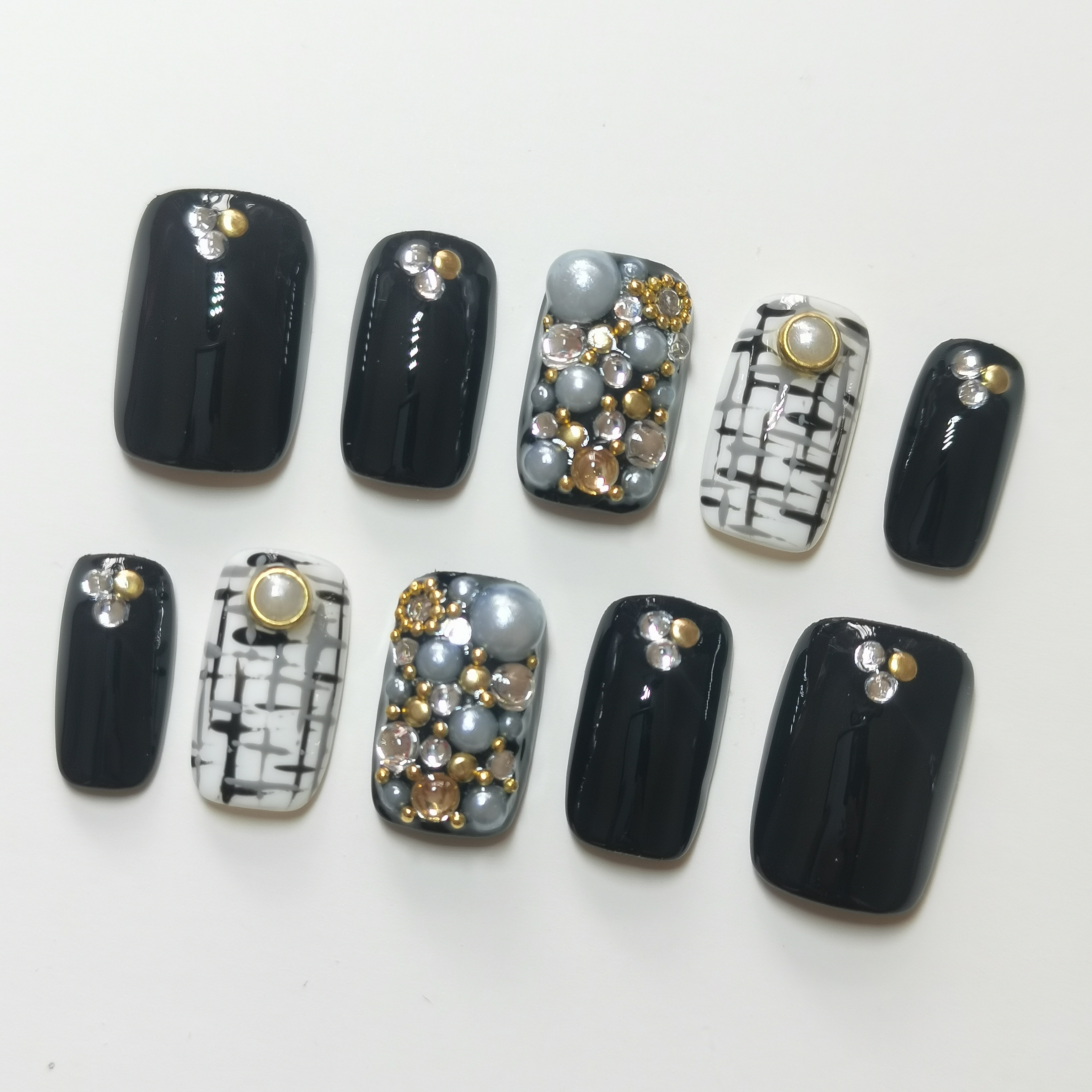 小清新手工定制光疗美甲黑色成品甲片假指甲贴片长短款玫红色包邮