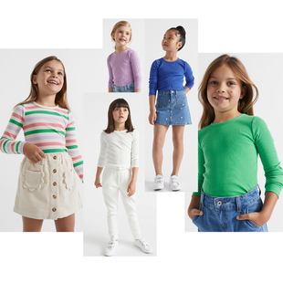 澳好牌SEE*d女童螺纹长袖T恤四季通用圆领打底衫女孩子高弹力上衣