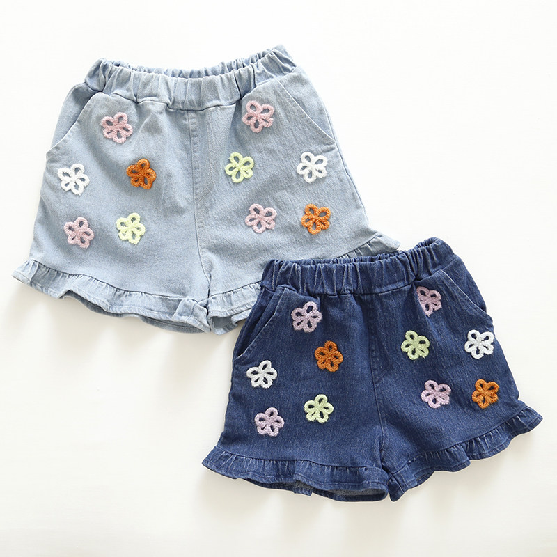 日单夏季女童绣花牛仔短裤花朵软牛仔三分裤女宝宝松紧腰外穿裤子