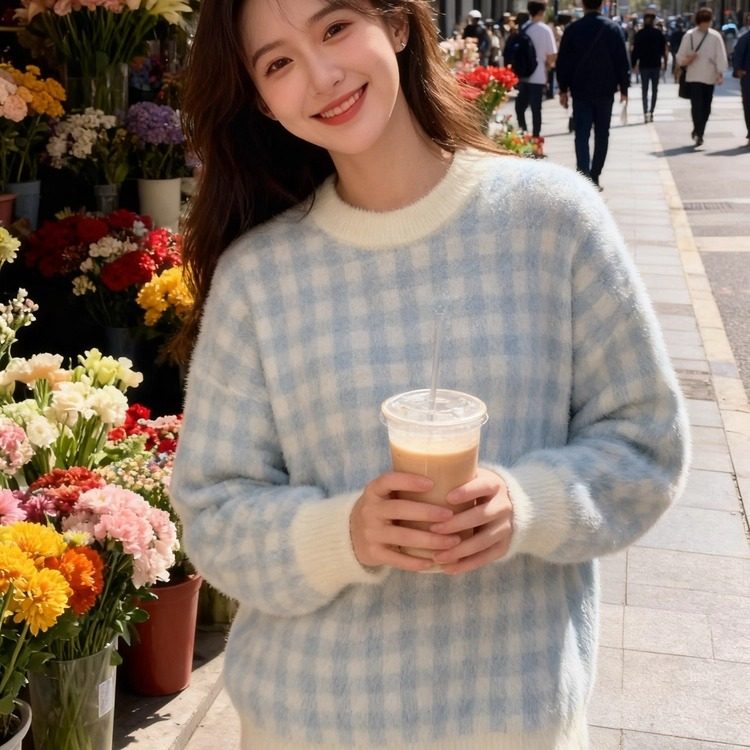 慵懒风复古格子圆领毛衣女