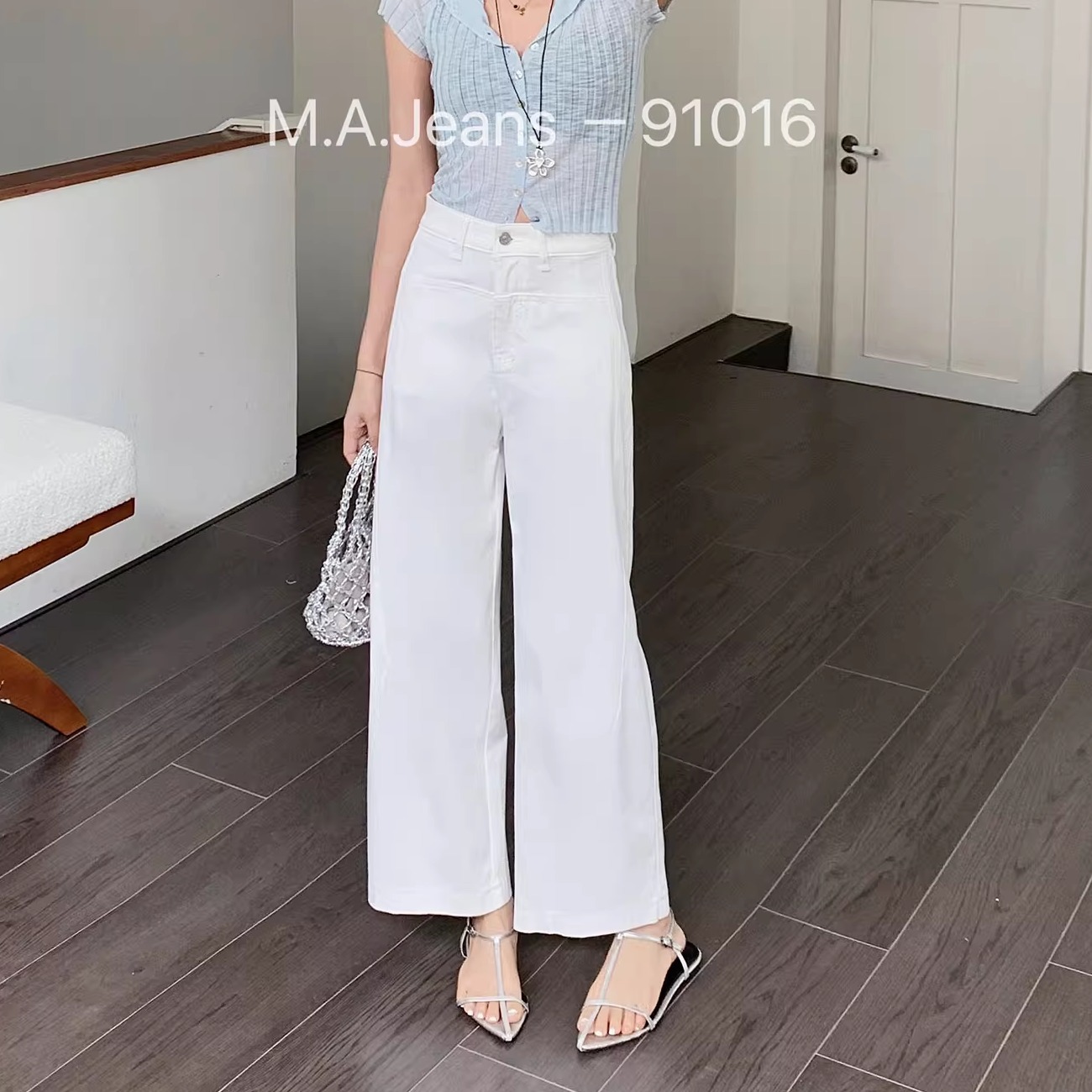 MA牛仔裤女2025夏季新款91016高腰四面弹宽松显瘦白色九分阔腿裤