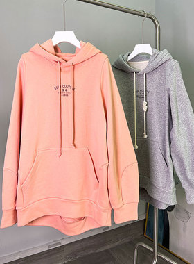 MACQNF春秋59226套头宽松印花连帽上衣MQ长袖慵懒大码灰色卫衣女