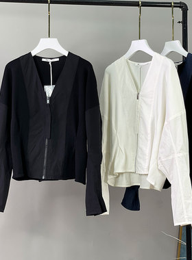 MACQNF秋季新款35108宽松拼接慵懒长袖拉链小外套MQ大码针织开衫