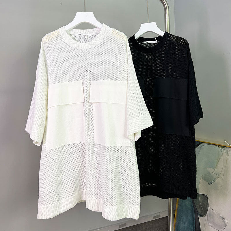 MACQNF新款91011宽松休闲中袖镂空上衣MQ大口袋慵懒风针织衫薄款