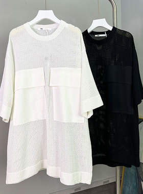 MACQNF新款91011宽松休闲中袖镂空上衣MQ大口袋慵懒风针织衫薄款