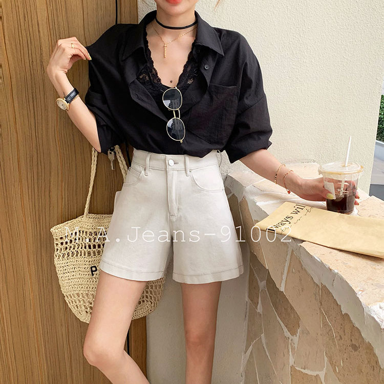 MA牛仔短裤女91002夏季新款高腰宽松显瘦四面弹白色A字阔腿短裤