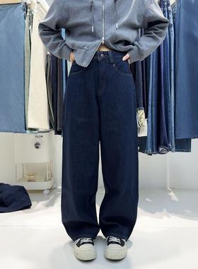 flower花匣子2025冬款503217宽松磨毛加绒高腰深蓝色阔腿牛仔裤女