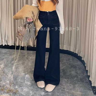 MA牛仔裤女93268-3四面弹高腰微喇叭2025冬款加绒修身深蓝色筒喇