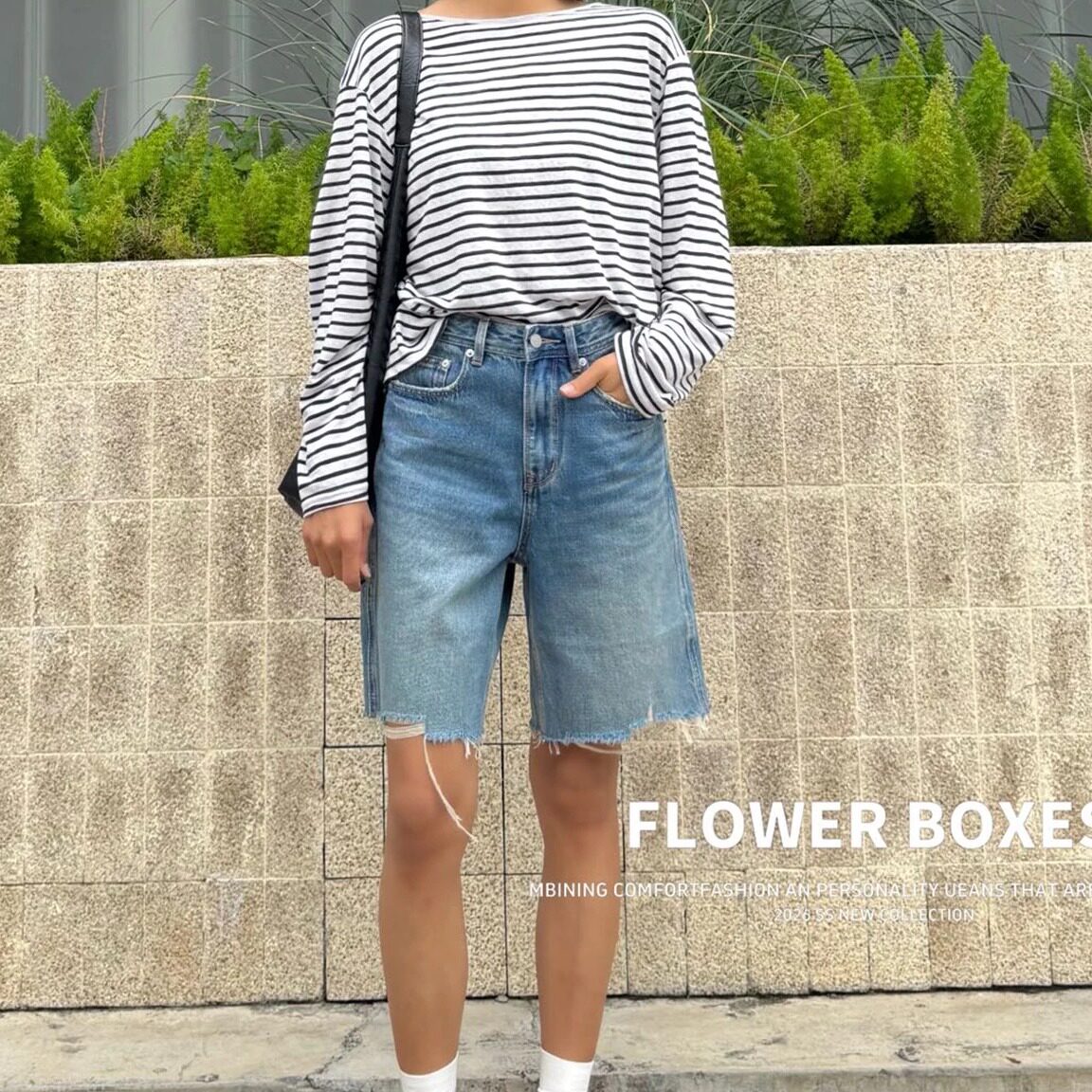 花匣子牛仔裤87816复古高腰短裤女夏宽松毛边五分裤显瘦直筒中裤