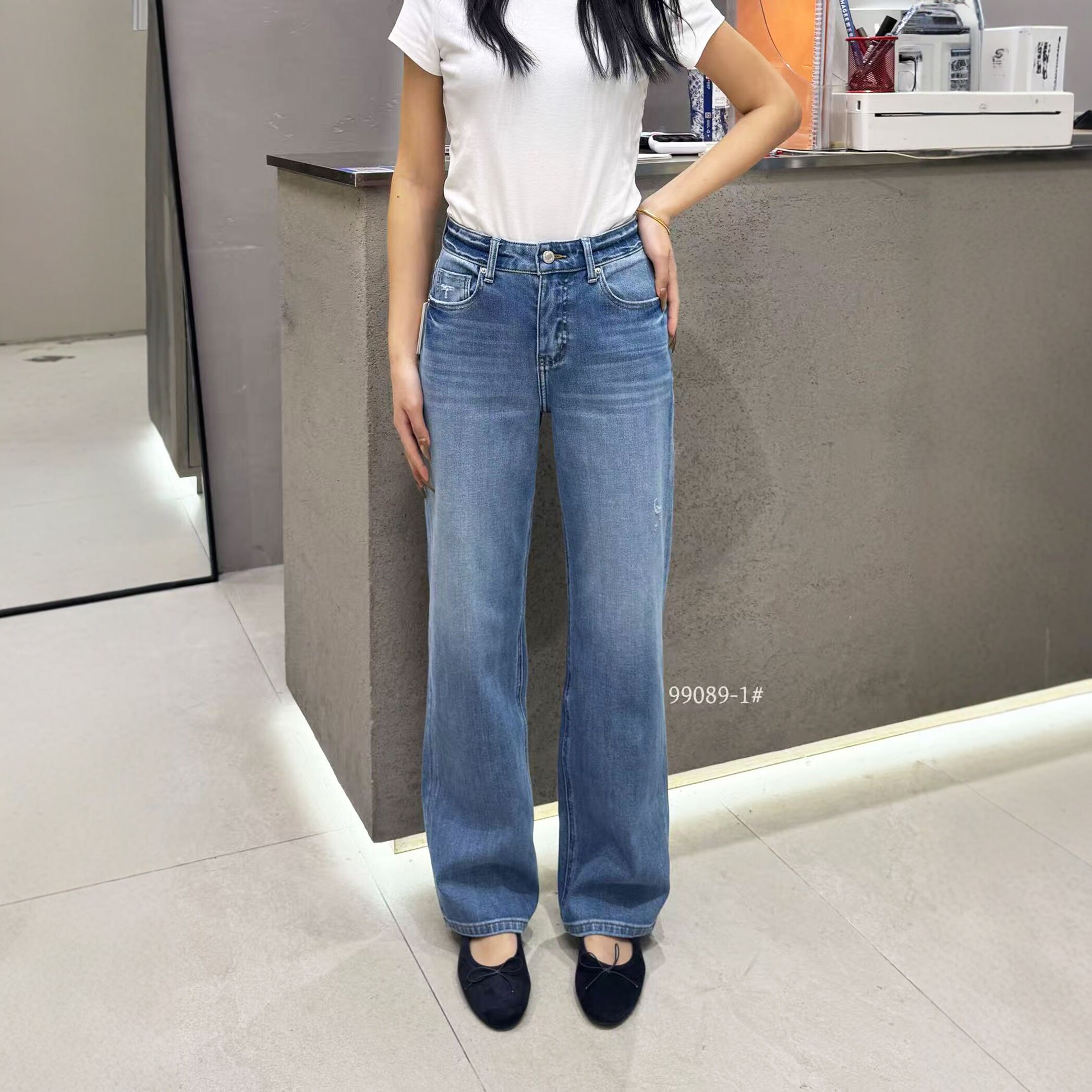 MA牛仔裤女春99089-1高腰四面弹长裤2026春款显瘦休闲蓝色直筒裤