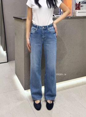 MA牛仔裤女春99089-1高腰四面弹长裤2026春款显瘦休闲蓝色直筒裤