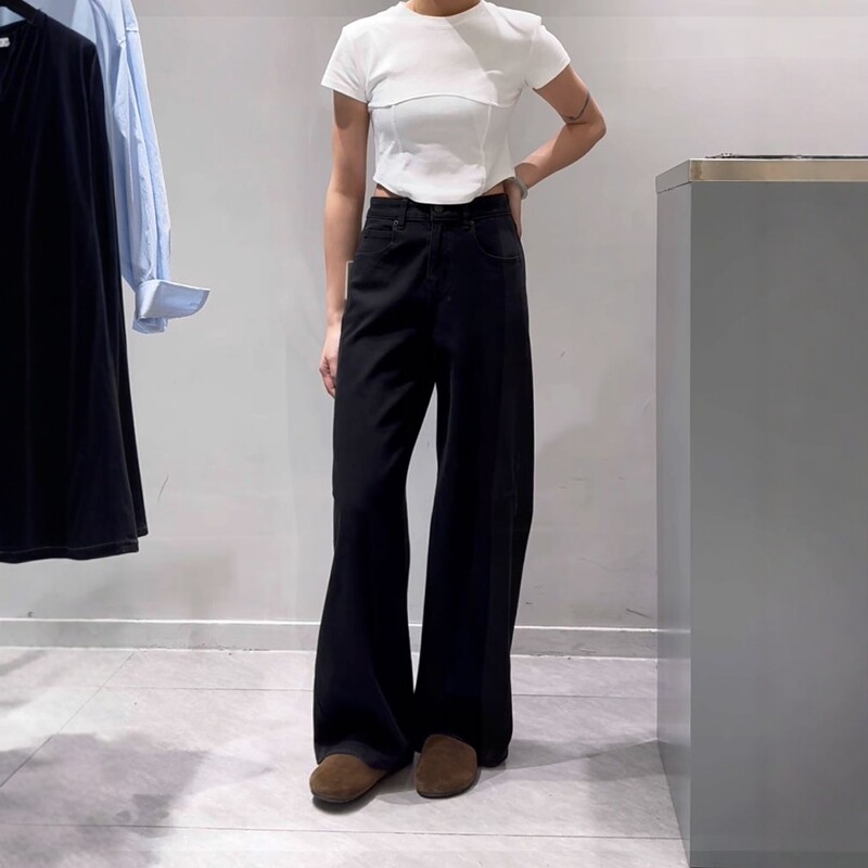 MA牛仔裤91972-2高腰四面弹黑色弯刀裤宽松遮垮显瘦阔腿老爹裤女