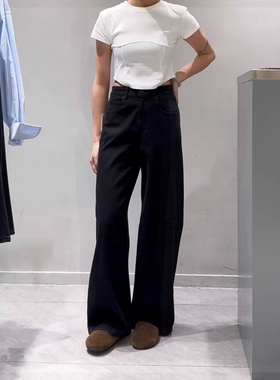 MA牛仔裤91972-2高腰四面弹黑色弯刀裤宽松遮垮显瘦阔腿老爹裤女