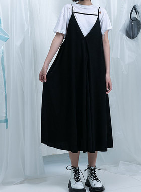 MACQNF复古宽松大码黑色显瘦遮肉简约连衣裙MQ夏季外穿垂感吊带裙