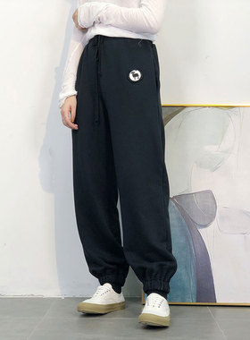 MACQNF秋冬运动休闲宽松大码显瘦黑色纯棉工装裤抽绳束脚裤女潮MQ