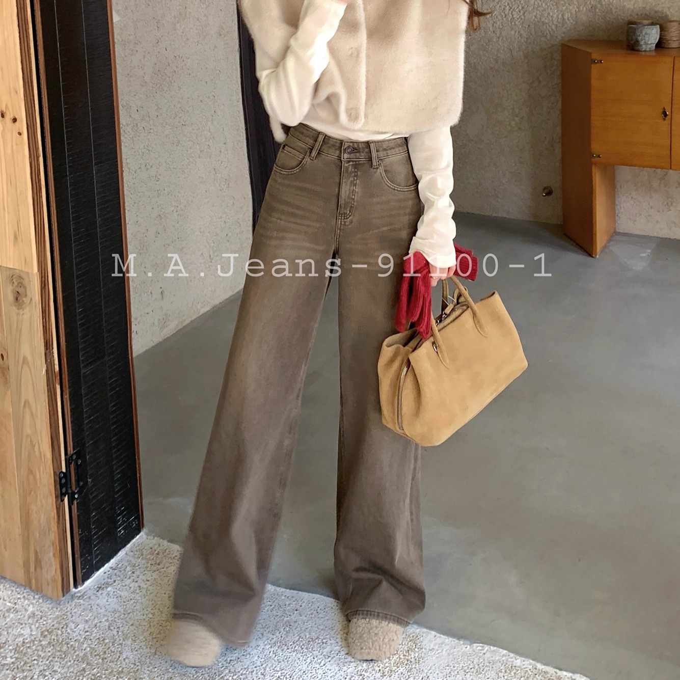MA牛仔裤女91100-1复古直筒四面弹韩系时髦咖色加厚绒阔腿裤