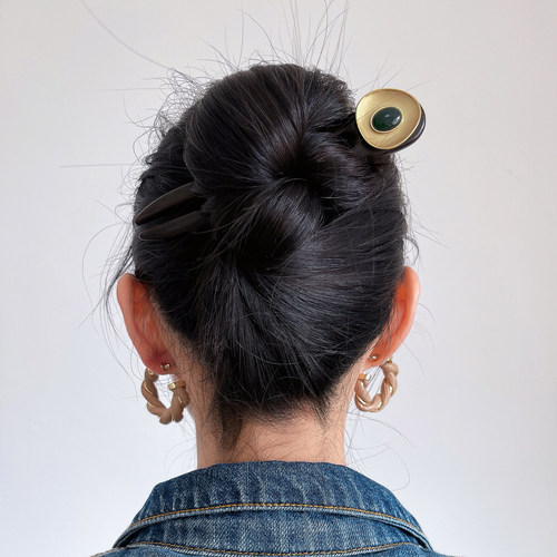 DURIAN ACC原创 磨砂金凹面红绿装饰气质U型黑檀木通勤日常发簪