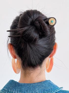 DURIAN ACC原创设计款异域风金色装饰圆盘黑檀木双齿弯发簪U型簪