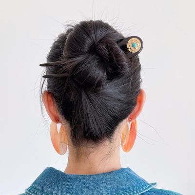 DURIAN ACC原创设计款异域风金色装饰圆盘黑檀木双齿弯发簪U型簪