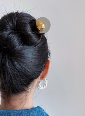DURIAN ACC原创设计 气质金色半球银片装饰黑檀木双齿发簪盘发
