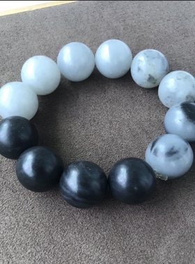 新疆和田籽料青花籽料圆珠手链手串男士黑白手串18
