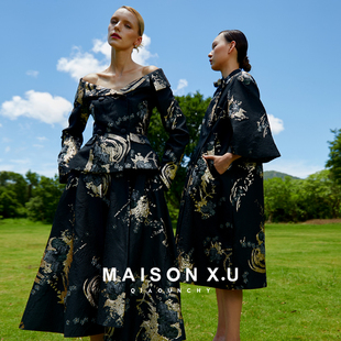 永存 MAISON 风格 X.U｜黑金高级提花法式 大摆半身裙24早春裙装