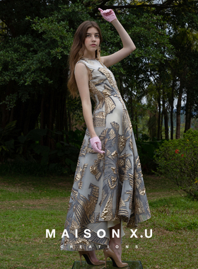 欧洲进口浮雕提花 MAISON X.U｜法式高级定制灰金大礼服裙