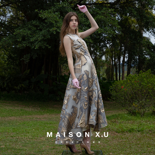 欧洲进口浮雕提花 高级定制灰金大礼服裙 MAISON X.U｜法式