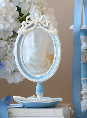 米子家居法式复古化妆镜子手持台式桌面卧室轻奢梳妆镜收纳盒一体