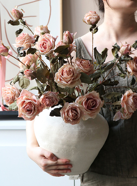 米子家居法式焦边玫瑰假花仿真花摆件客厅餐桌装饰花艺高级感摆设