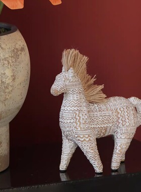 米子家居新年中古风桌面摆件马年工艺品书架软装高级感仿木雕好物