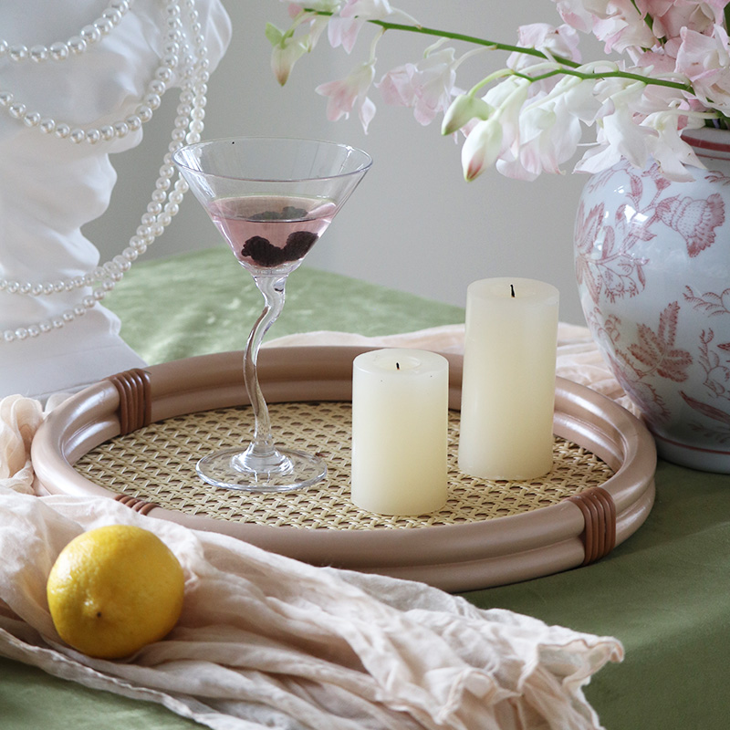 法式高级感仿藤编圆形收纳托盘香薰干果糖果零食摆放盘水果收纳筐